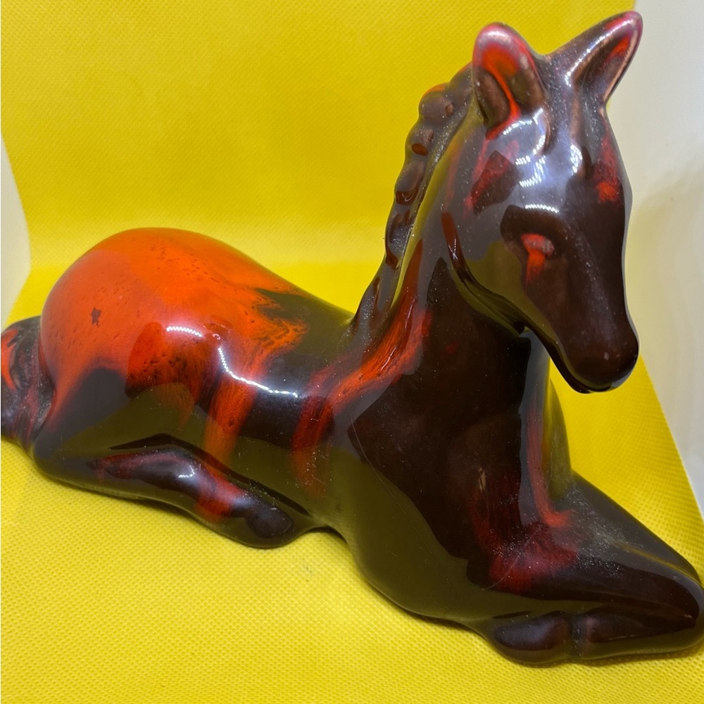 Vintage Canadiana Pottery Orange & Brown Glaze Reclining Horse